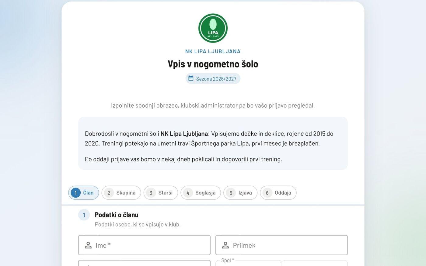 Javna spletna vpisnica vzorčnega kluba za nogometno šolo s koraki Član, Skupina, Starši, Soglasja, Izjava in Oddaja.