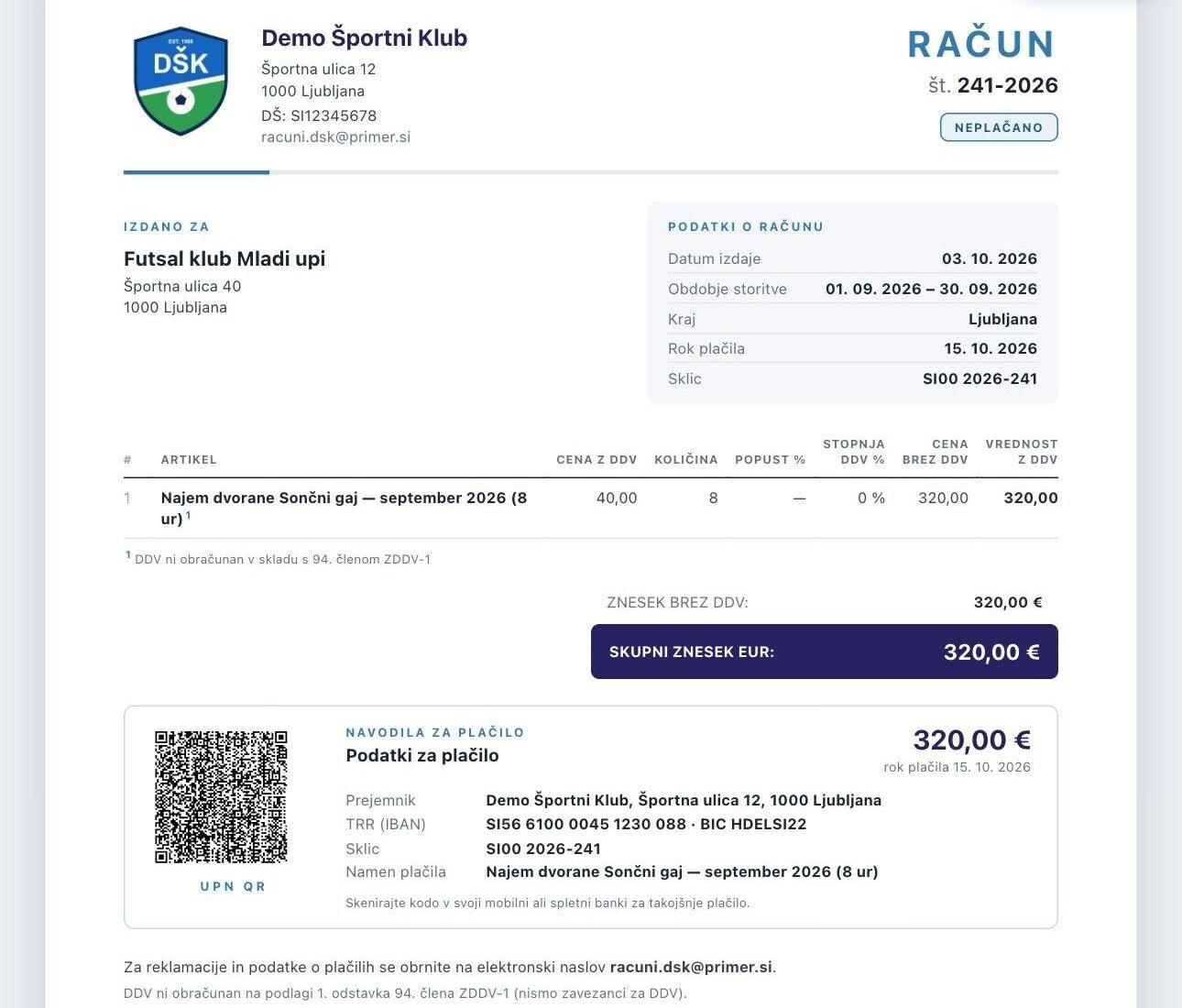 Račun vzorčnega kluba z UPN QR kodo, sklicem in rokom plačila.