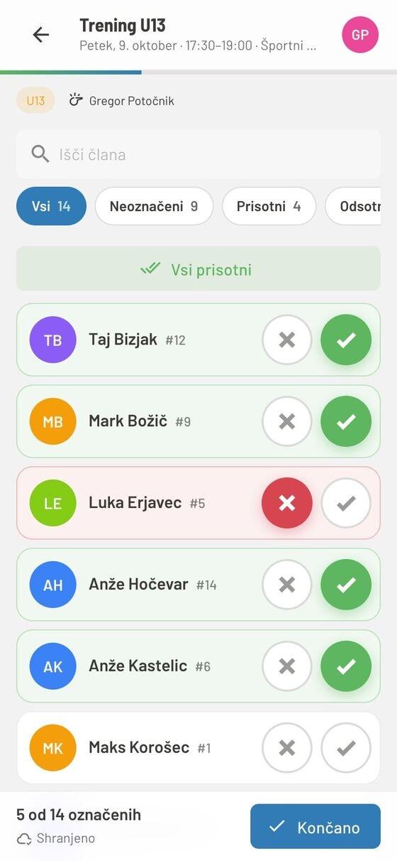 Aplikacija Prisotnost SP: trener označuje prisotnost na treningu U13 z gumboma za prisotnost in odsotnost.