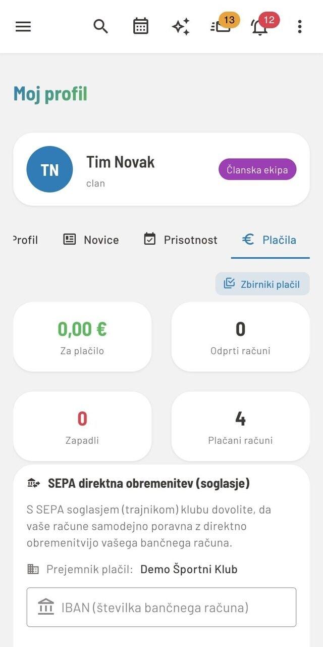 Zavihek Plačila v profilu člana: znesek za plačilo, odprti, zapadli in plačani računi ter SEPA soglasje.